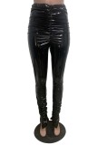 Brown Casual Solid Slit Fold Skinny High Waist Pencil Solid Color Trousers