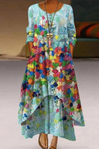 Blauwe casual print patchwork zak met V-hals lange jurk Jurken