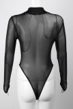 Bodysuits magros pretos sexy sólidos patchwork transparente com gola com zíper
