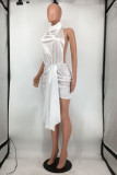 Weiße, sexy, solide Patchwork-Kleider mit rückenfreiem Neckholder und ärmellosem Kleid