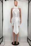 Weiße, sexy, solide Patchwork-Kleider mit rückenfreiem Neckholder und ärmellosem Kleid