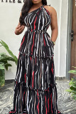 Black Casual Sweet Daily Elegant Striped Patchwork Printing One Shoulder Asymmetrical Dresses