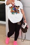 Purple Casual Character Print Patchwork O Neck Short Sleeve Two Pieces T-shirt Tops And Skinny Pants Sets