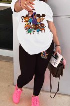 White Casual Character Print Patchwork O Neck Short Sleeve Two Pieces T-shirt Tops And Skinny Pants Sets