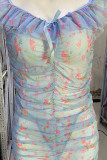 Lichtblauwe sexy print patchwork doorzichtige vouw met strik nachtkleding