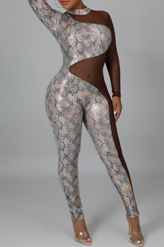 White Sexy Print Sequins Patchwork See-through O Neck Skinny Jumpsuits
