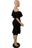 Zwart casual effen patchwork rugloze schuine kraag onregelmatige jurkjurken