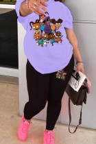 Purple Casual Character Print Patchwork O Neck Short Sleeve Two Pieces T-shirt Tops And Skinny Pants Sets