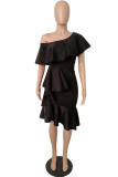 Black Casual Solid Patchwork Backless Oblique Collar Irregular Dress Dresses