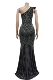 Black Sexy Formal Patchwork Hot Drilling Backless Oblique Collar Long Dress