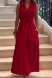 Röd Elegant Solid Pocket Vik Turndown Krage Skjorta Klänningar