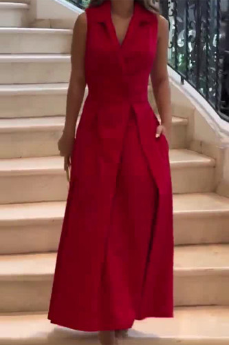 Red Elegant Solid Pocket Fold Turndown Collar Shirt Dress Dresses