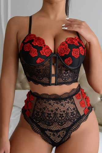 Black Sexy Floral Lace Embroidered Patchwork See-through Lingerie