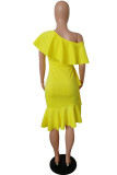 Yellow Casual Solid Patchwork Backless Oblique Collar Irregular Dress Dresses