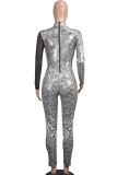 White Sexy Print Sequins Patchwork See-through O Neck Skinny Jumpsuits