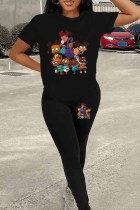 Black Casual Character Print Patchwork O Neck Short Sleeve Two Pieces T-shirt Tops And Skinny Pants Sets