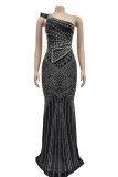 Black Sexy Formal Patchwork Hot Drilling Backless Oblique Collar Long Dress