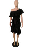 Black Casual Solid Patchwork Backless Oblique Collar Irregular Dress Dresses