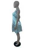 Silberfarbenes, lässiges, einfarbiges, ärmelloses Patchwork-Kleid mit O-Ausschnitt