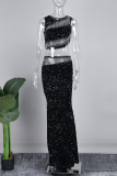 Black Sexy Patchwork Hot Drilling See-through Slit O Neck Sleeveless Two Pieces