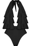 Черная сексуальная спортивная одежда, однотонные лоскутные купальники с кромкой и кромкой (с подкладками)