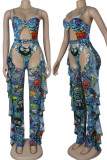 Orange Red Sexy Print Hollowed Out Patchwork Swimwears
