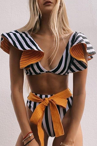 Stripe Sportswear Striped Bandage Patchwork Contrast Swimwears