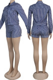 Blue Casual Elegant Striped Patchwork Pocket Buckle Turndown Collar Long Sleeve Two Pieces