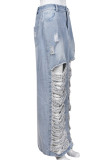 Синий Уличный Однотонный Рваный Лоскутный карман Карманные пуговицы Молния Прямые прямые однотонные брюки с завышенной талией