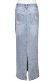 Синий Уличный Однотонный Рваный Лоскутный карман Карманные пуговицы Молния Прямые прямые однотонные брюки с завышенной талией