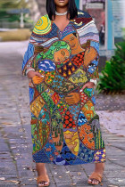 Многоцветный повседневный принт Базовый V-образный вырез Длинное платье Платья