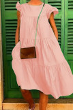 Vestido de manga corta con cuello en O de patchwork sólido informal rosa Vestidos