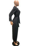 Black Casual Solid Buttons Turndown Collar Regular Jumpsuits