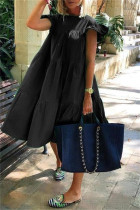 Black Casual Solid Patchwork O Neck Short Sleeve Ruffle Hem Midi Dresses