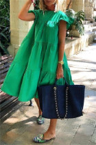 Green Casual Solid Patchwork O Neck Short Sleeve Ruffle Hem Midi Dresses