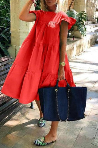 Красное повседневное однотонное платье в стиле пэчворк с круглым вырезом и коротким рукавом Платья