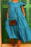 Blue Casual Solid Patchwork O Neck Short Sleeve Dress Dresses