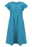 Blue Casual Solid Patchwork O Neck Short Sleeve Ruffle Hem Midi Dresses