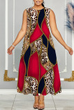 Rotes, lässiges, bedrucktes, einfaches, langes Kleid mit O-Ausschnitt und Kleider in Übergröße