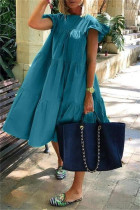 Blauwe casual effen patchwork O-hals jurk met korte mouwen