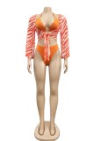 Orange Sexy Print Frenulum Swimsuit Three Piece Set (Without Paddings)