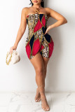 Red Sexy Casual Print Patchwork Backless Strapless Wrapped Skirt Dresses