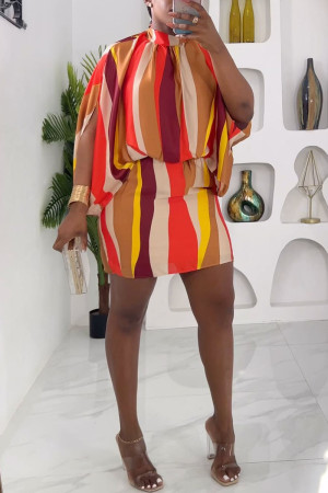 Multicolor Casual Street Daily Elegant Striped Printing Contrast Half A Turtleneck Dresses