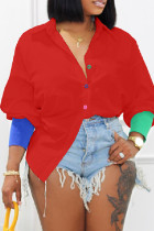 Top con colletto della camicia a contrasto patchwork solido casual rosso