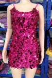 Rose Red Sexy Solid Sequins Patchwork Spaghetti Strap Sling Dress Dresses