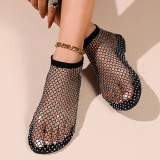 Zapatos planos redondos con diamantes de imitación y retazos ahuecados informales de color caqui