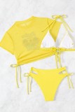 Yellow Sexy Print Bandage See-through Swimsuit Three Piece Set (With Paddings)