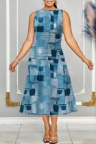 Blauwe casual print Basic mouwloze jurk met ronde hals Jurken
