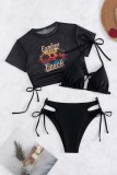 Black Sexy Print Bandage See-through Swimsuit Three Piece Set (With Paddings)