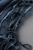 Синие сексуальные повседневные однотонные уздечки с открытой спиной и косым воротником без рукавов узкие джинсовые платья